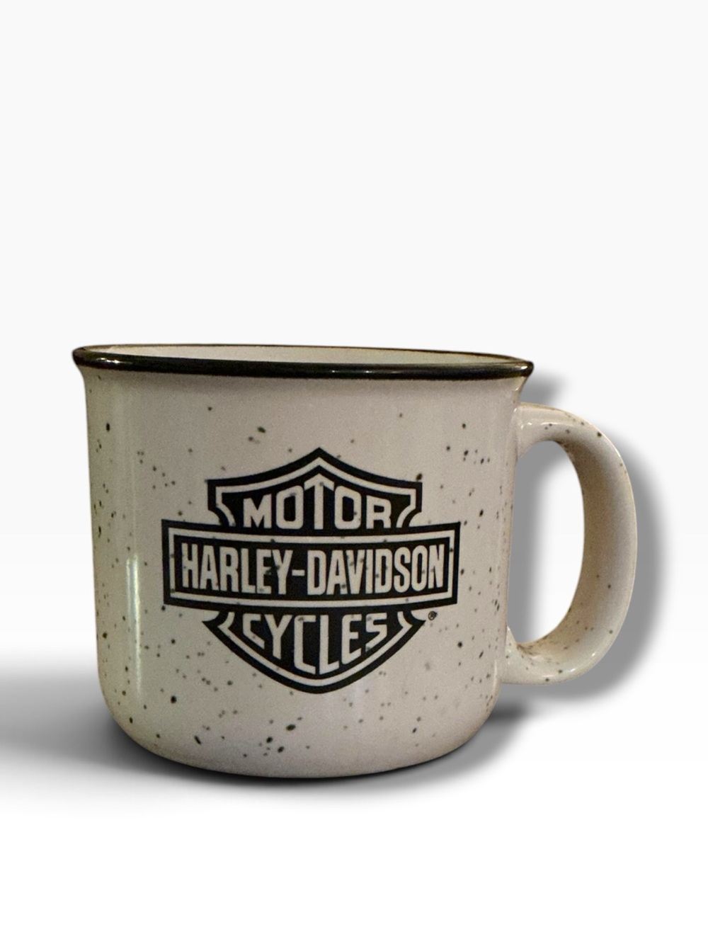 Harley Davidson Motorcycles Speckled Ceramic Mug Black Rim Motorcycle